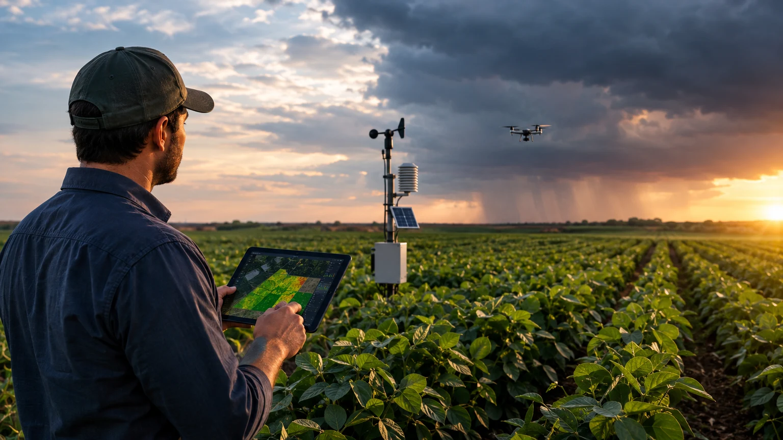 Campo de soja com sensor e estação meteorológica representando monitoramento para El Niño