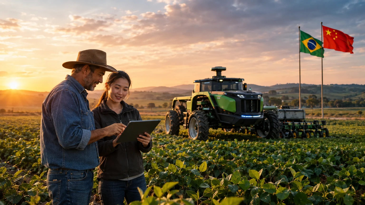 Agricultor com tablet e máquina agrícola equipada com sensores